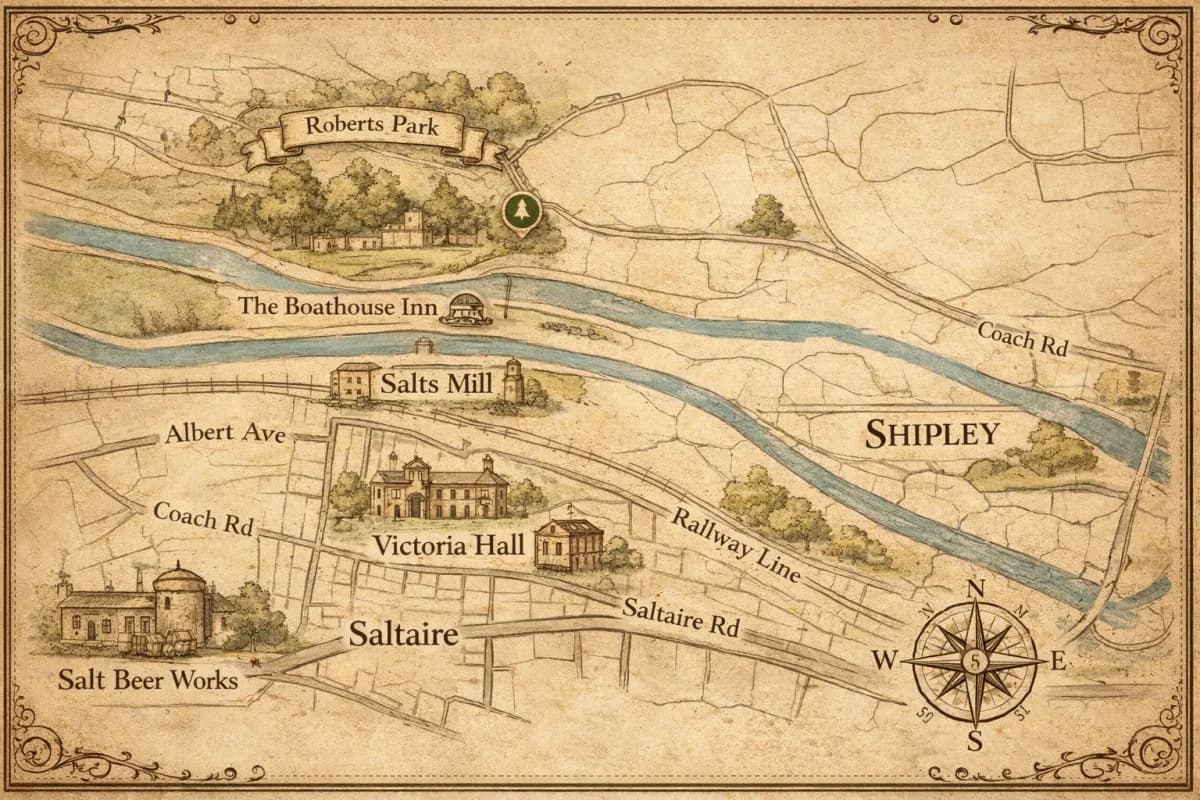 A simple illustration of Saltaire’s canal, park and village cluster