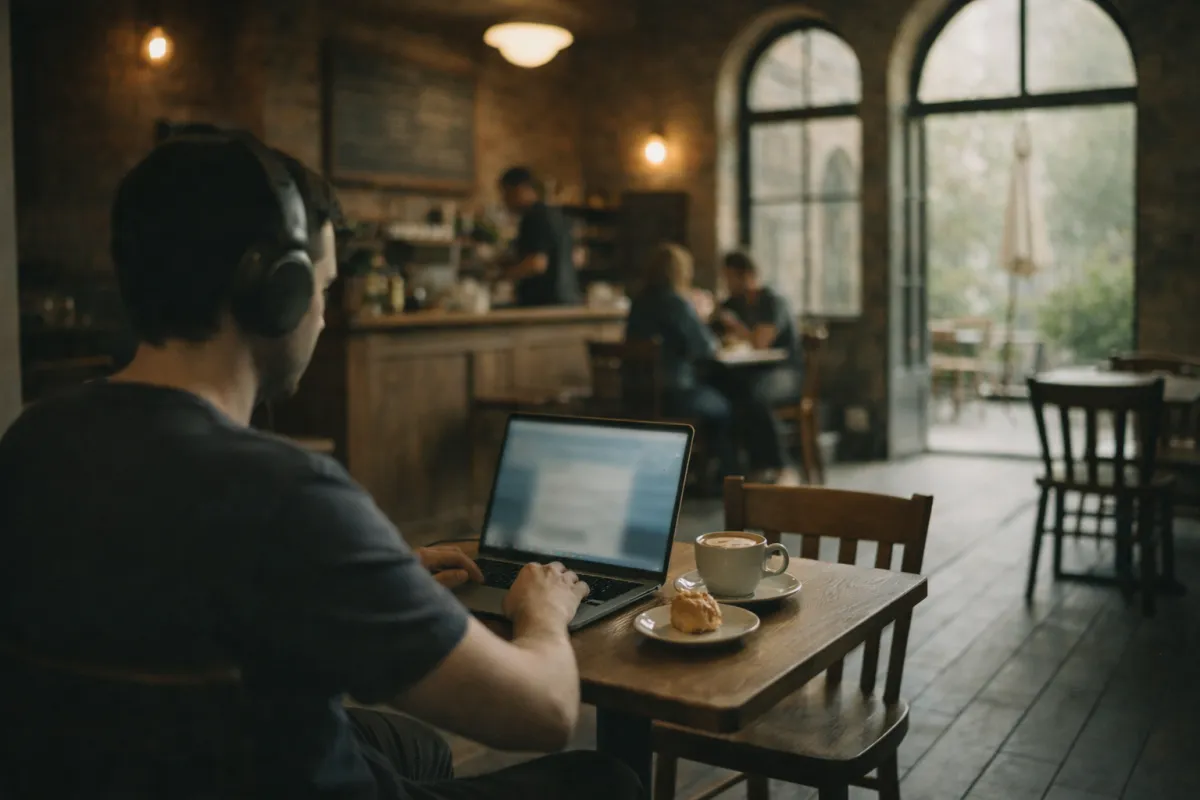 A calm UK café scene with a remote worker using a laptop considerately