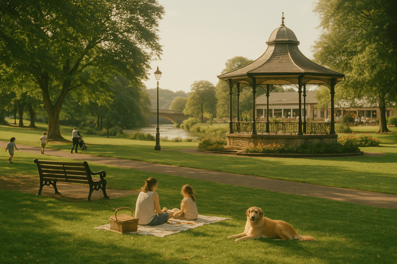 Green park with bandstand on a sunny day