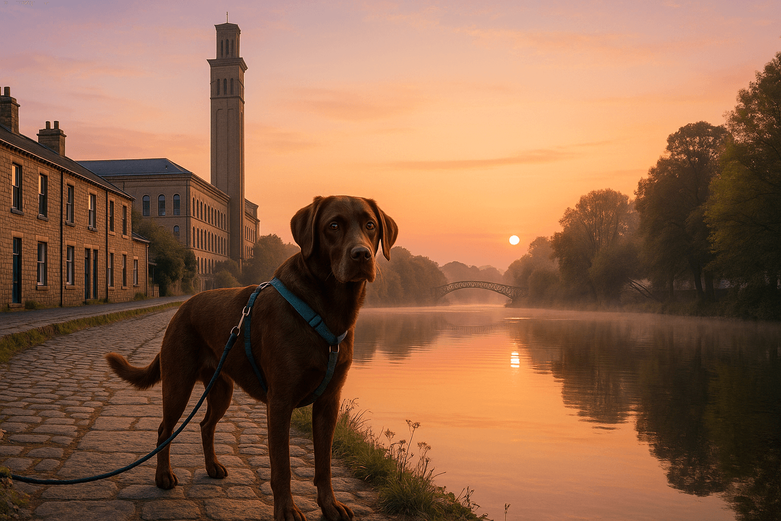 Dog at Saltaire riverside at sunrise